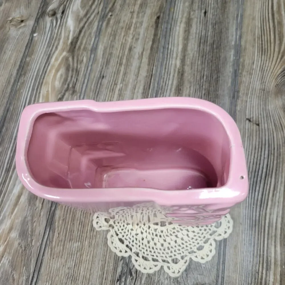 Vintage FPCO Pink Ceramic Vase 1950s MCM Rectangular Planter Leaf Sprig Pottery - Picture 7 of 7
